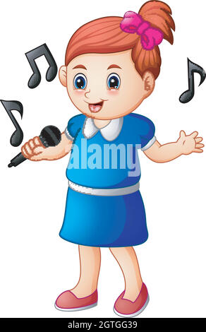Bambina che canta con microfono e note musicali Illustrazione Vettoriale