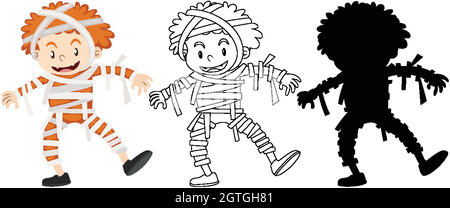 Ragazzo con costume mummy di colore, profilo e silhouette Illustrazione Vettoriale