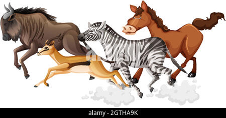 Il gruppo di animali selvatici sta eseguendo cartoni animati isolati su sfondo bianco Illustrazione Vettoriale