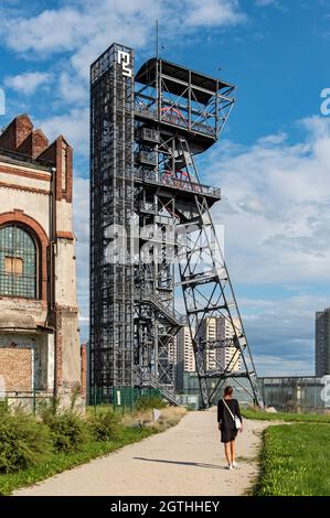 Torre del pozzo di osservazione della miniera, Museo della Slesia, Katowice, Polonia Foto Stock