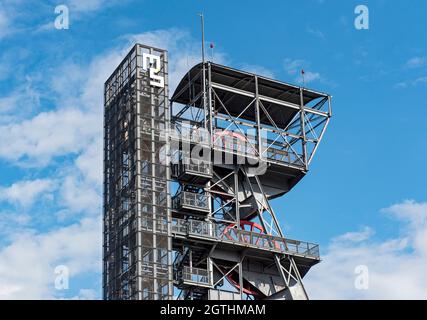 Torre del pozzo di osservazione della miniera, Museo della Slesia, Katowice, Polonia Foto Stock