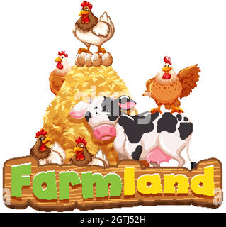 Font design per terreni agricoli con molti animali da fattoria Illustrazione Vettoriale