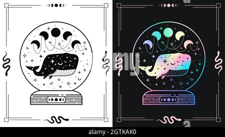 Palla magica mistica con balena celeste e fasi lunari e cielo notturno. Illustrazione olografica e nera. Illustrazione Vettoriale