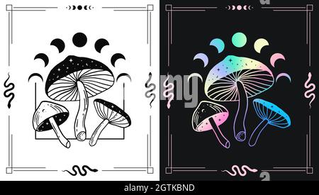 Funghi magici e fasi lunari per temi esoterici. Poster sfumatura olografica e nero e while. Illustrazione Vettoriale