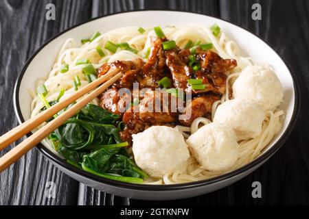 Mie Ayam Pangsit è una deliziosa ricetta indonesiana fatta in casa per tagliatelle, pollo, polpette di panino da primo piano nella ciotola sul tavolo. Orizzontale Foto Stock