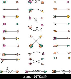 Frecce disegnate a mano. Tribale, curly, incrociato, freccette, Boho, Simbolo. Doodles colorati. Illustrazione Vettoriale