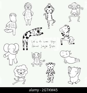 Cute giungla e animali safari. Personaggi da ginnastica disegnati a mano. Zoo cartone animato. Posizioni Yoga. Bianco e nero. Illustrazione Vettoriale