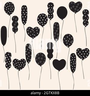 Palloncini da festa. Doodles di compleanno disegnati a mano. Elementi in bianco e nero. Illustrazione Vettoriale
