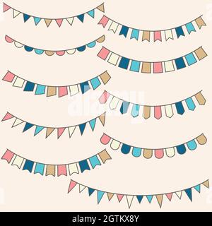 Banner Bunting colorati. Gharga triangolare disegnata a mano. Elementi colorati. Illustrazione Vettoriale