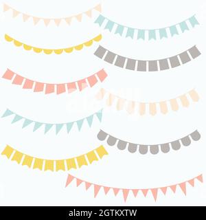 Banner Bunting colorati. Gharga triangolare disegnata a mano. Silhouette colorata. Illustrazione Vettoriale