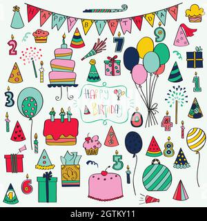 Festa di compleanno. Torte a mano, candele, palloni, Banner. Doodles colorati. Illustrazione Vettoriale