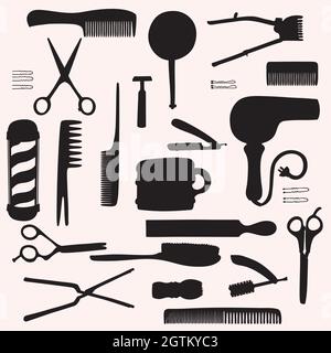 Barbiere. Salone di bellezza vintage. Accessori per parrucchieri. Forbici, pettine, spazzola, rasoio, asta. Silhouette nera. Illustrazione Vettoriale