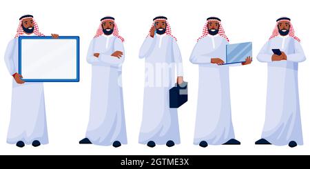 Giovane arabo felice uomo in abiti tradizionali in diverse pose isolato su sfondo bianco. Set di uomini d'affari musulmani arabi. Cartoon piano vettoriale Illustrazione Vettoriale
