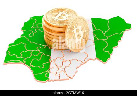 Criptovaluta Bitcoin in Nigeria, rendering 3D isolato su sfondo bianco Foto Stock