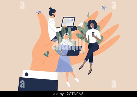 I piccoli lavoratori degli uffici sono seduti su una mano enorme. Concetto di un buon ambiente di lavoro confortevole, clima psicologico favorevole, retribuzione elevata e libertà Illustrazione Vettoriale