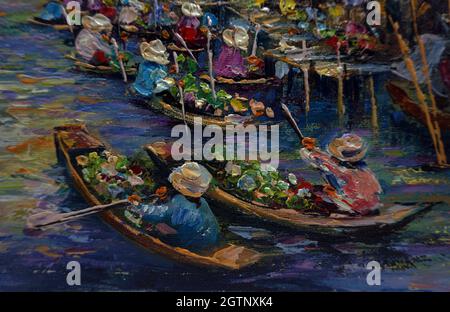 originale arte impressionista pittura ad olio mercato galleggiante damnoen saduak campagna thailandia Foto Stock
