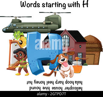 Foglio di lavoro in inglese per le parole che iniziano con H. Illustrazione Vettoriale