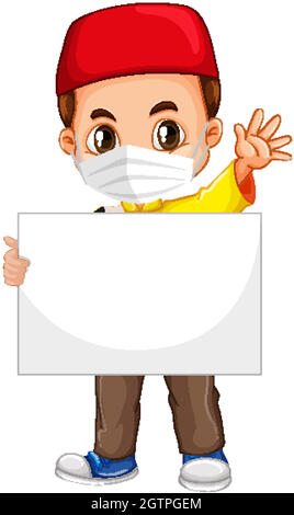 Carino giovane ragazzo cartoon personaggio con banner vuoto Illustrazione Vettoriale