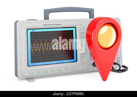 Oscilloscopio con puntatore mappa. Rendering 3D isolato su sfondo bianco Foto Stock