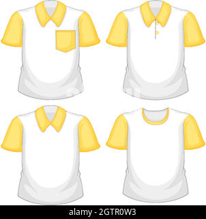 Set di diverse camicie bianche con maniche corte gialle isolate su sfondo bianco Illustrazione Vettoriale