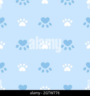 Blu e bianco gatto o cane senza cuciture pattern. Illustrazione del vettore di sfondo delle zampe meuca e gatto. Carino personaggio pastello cartoon per baby stampa bambino bambino bambino bambino bambino. Illustrazione Vettoriale