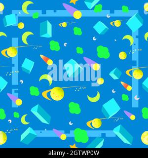 I bambini senza giunture modello di spazio cartoon con razzi, pianeti, stelle e tracce tratteggiate sullo sfondo scuro del cielo notturno Illustrazione Vettoriale