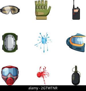 Paintball set di icone, stile cartoon Illustrazione Vettoriale