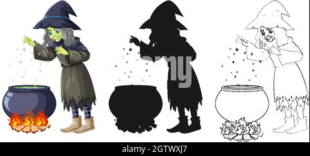 Strega con magic pot a colori e contorno e carattere cartoon silhouette isolato su sfondo bianco Illustrazione Vettoriale