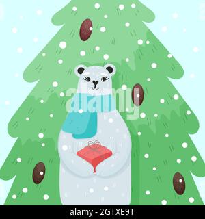 Illustrazione vettoriale del biglietto di auguri di Natale. Orso che tiene la scatola presente e sta in piedi davanti all'albero. Poster di Capodanno per le feste. Illustrazione Vettoriale