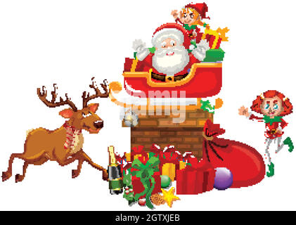 Santa e due elfi sul camino Illustrazione Vettoriale