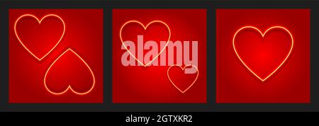 Set di sfondo rosso cuore brillante al neon in formato vettoriale da 300 dpi. Cartello al neon parete sfocata banner, poster, centro del cuore su gradiente radiale rosso Illustrazione Vettoriale
