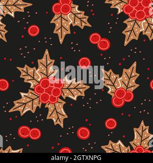 Natale agrifoglio su sfondo nero. Pattern vettoriale senza giunture Illustrazione Vettoriale