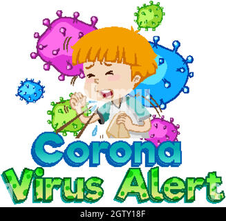 Font design per allarme coronavirus con il ragazzo malato e cellule di virus Illustrazione Vettoriale