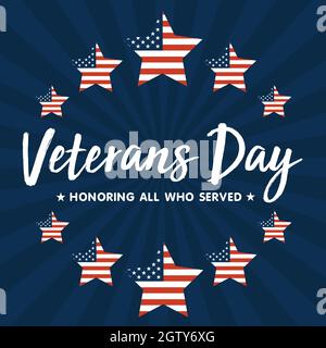 Veterans Day Vector illustrazione, onorando tutti coloro che hanno servito, bandiera USA ondeggiante su sfondo blu. Illustrazione Vettoriale