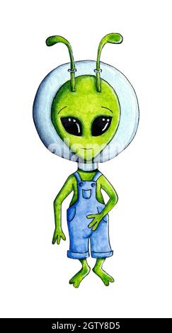 Illustrazione acquerello di un alieno verde con grandi occhi neri e antenne sulla testa. Vestito di tute in denim e di uno spacesuit sulla testa. Bambini Foto Stock