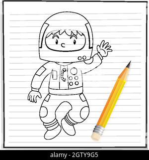 Disegno a mano del ragazzo in outfit astronauta contorno Illustrazione Vettoriale