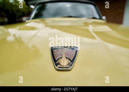 Logo Rover sul cofano di un logo Rover 3500s V8 giallo P6, sulla parte anteriore della vettura. Logo del cofano del veicolo Rover, fregio del cofano del veicolo, logo del cofano del veicolo Rover. Foto Stock