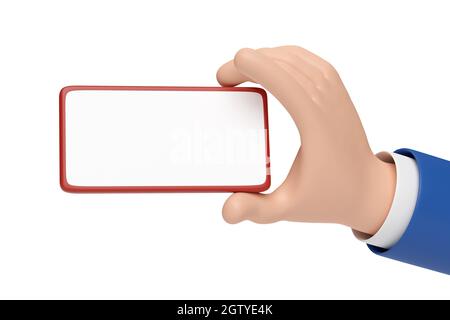 Cartoon che tiene il telefono cellulare in posizione orizzontale con schermo vuoto isolato su sfondo bianco. illustrazione 3d. Foto Stock