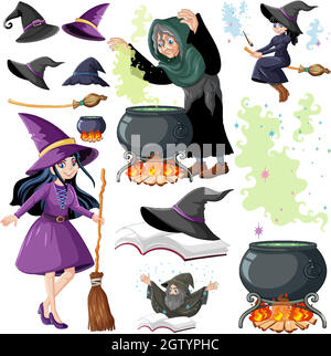 Set di wizard o streghe e strumenti magici stile cartoon isolato su sfondo bianco Illustrazione Vettoriale