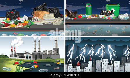 Set di scene inquinate Illustrazione Vettoriale