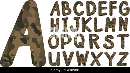 Disegno di caratteri alfabetici con tema militare Illustrazione Vettoriale