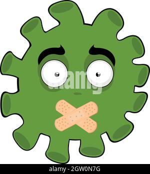 Illustrazione vettoriale di emoticon di batteri, virus o cartoni animati di microbi, con bande adesive sulla bocca in silenzio concetto Illustrazione Vettoriale