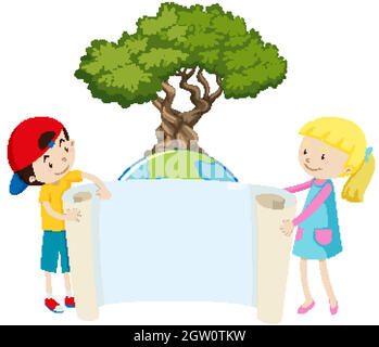 Modello di banner con due bambini felici e un grande albero Illustrazione Vettoriale