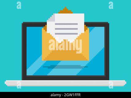 Immagine vettoriale in stile pixel art dell'e-mail opend sullo schermo del laptop Illustrazione Vettoriale