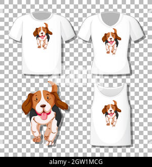 Carino personaggio di cartone animato cane con set di diverse camicie isolate su sfondo trasparente Illustrazione Vettoriale