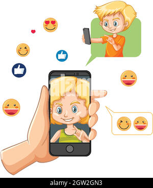 Smartphone portatile con icona emoji sui social media isolata su sfondo bianco Illustrazione Vettoriale