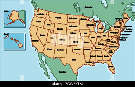 Mappa degli Stati Uniti d'America con i nomi degli stati Uniti Illustrazione Vettoriale