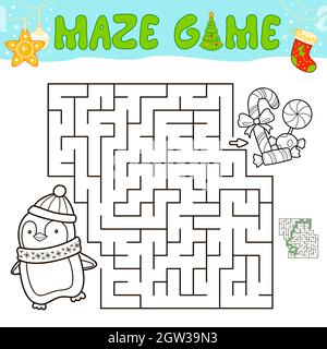 Gioco di puzzle del labirinto di Natale per i bambini. Delineare labirinto o gioco labirinto con pinguino di natale. Illustrazione Vettoriale