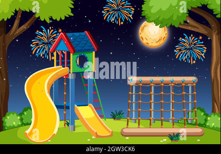 Parco giochi per bambini nel parco con luna grande e fuochi d'artificio nel cielo in stile cartoon notturno Illustrazione Vettoriale