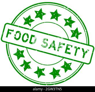 Grunge parola di sicurezza alimentare verde con icona a stella rotondo sigillo di gomma timbro su sfondo bianco Illustrazione Vettoriale